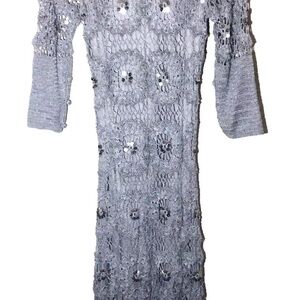 Crochet MIDI Dress Gray Embellished Silver Sequins Lined 3/4 Sleeves Size Small